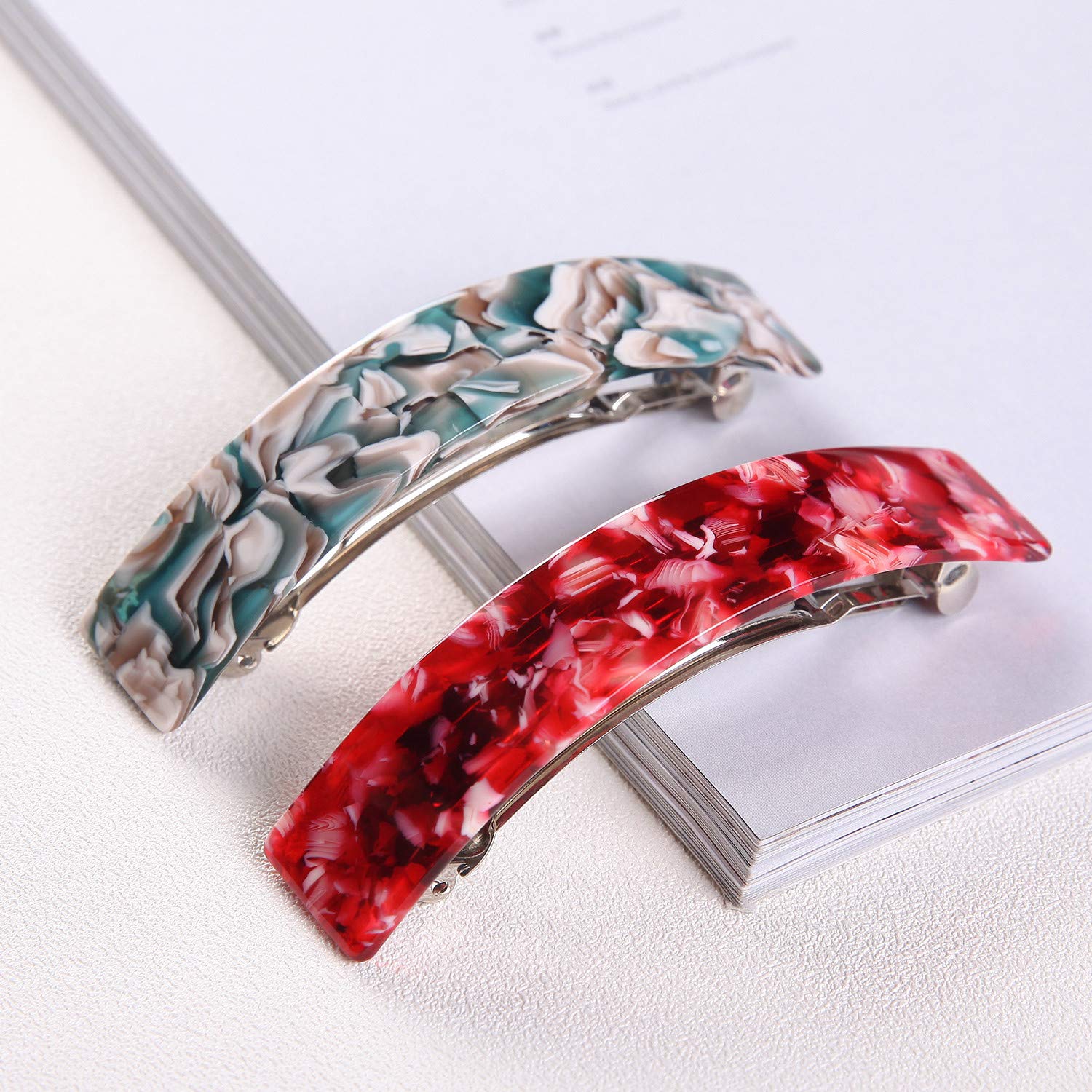 Cellulose Acetate French Style Curved Rectangle Volume Hair Clips Barrettes Automatic Clasp For Thick Hair, 2 Pack : Beauty