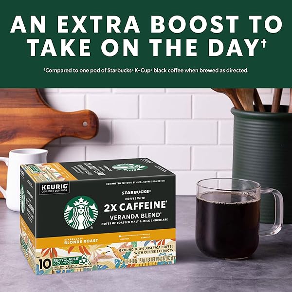 STARBUCKS K-CUP COFFEE PODS, STARBUCKS BLONDE ROAST COFFEE WITH 2X CAFFEINE VERANDA BLEND FOR KEURIG COFFEE MAKERS, 100% ARABICA, 1 BOX (10 PODS)