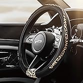 Road Comforts Steering Wheel Cover - Made with PVC Leather and Leopard Fabric - Universal 14 1/2 inches to 15 inches for Most Automotive Steering Wheel - Cheetah Print - Black