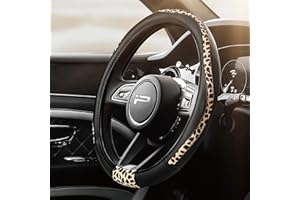 Road Comforts Steering Wheel Cover - Made with PVC Leather and Leopard Fabric - Universal 14 1/2 inches to 15 inches for Most Automotive Steering Wheel - Cheetah Print - Black