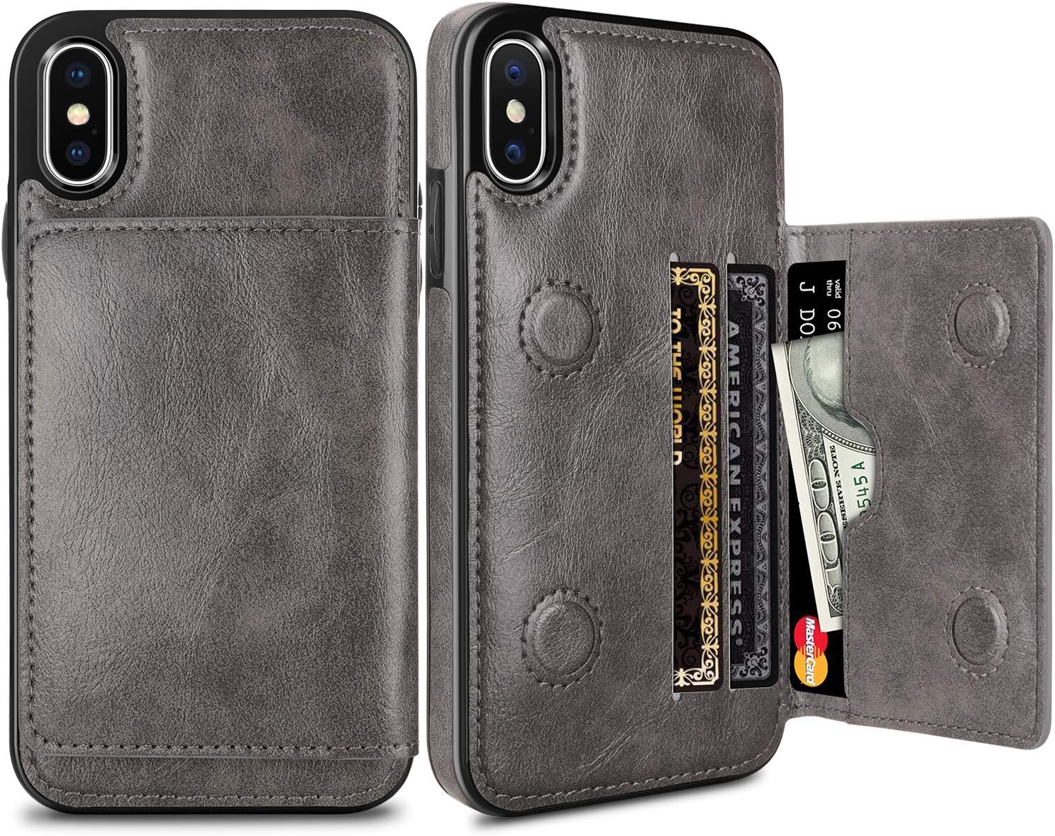 SAMONPOW Wallet Case for iPhone X with Card Holder Dual Layer Premium Leather Magnetic Clasp Kickstand Shockproof Protective Cover Case for iPhone X iPhone Xs iPhone 10 5.8 inch,Retro Gray