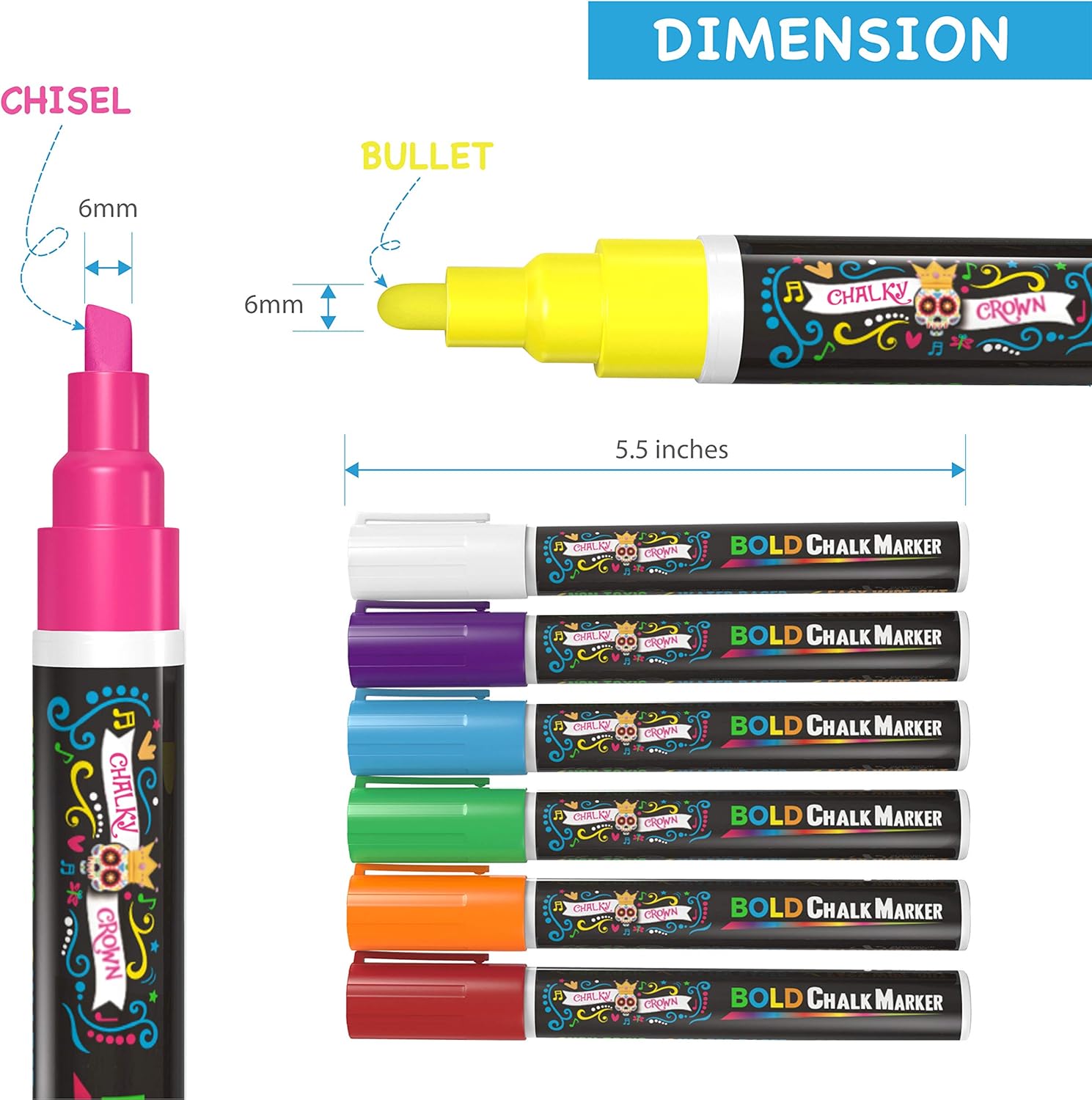 Liquid Chalk Markers for Blackboards - Bold Color Dry Erase Marker Pens - Chalk Markers for Chalkboards Signs, Windows, Blackboard, Glass - 6mm Reversible Tip (8 Pack) - 24 Chalkboard Labels Included : Office Products