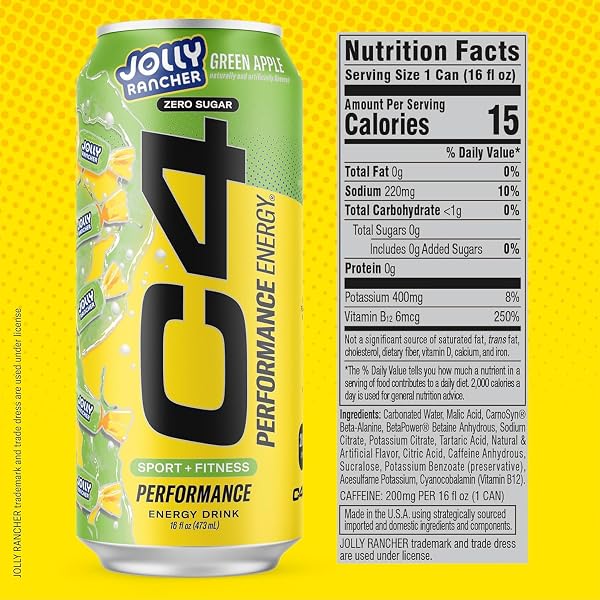 CELLUCOR C4 PERFORMANCE ENERGY DRINK | JOLLY RANCHER GREEN APPLE | ZERO SUGAR CARBONATED PREWORKOUT ENERGY | 200MG CAFFEINE WITH BETA ALANINE | 16 FL OZ (12 PACK)