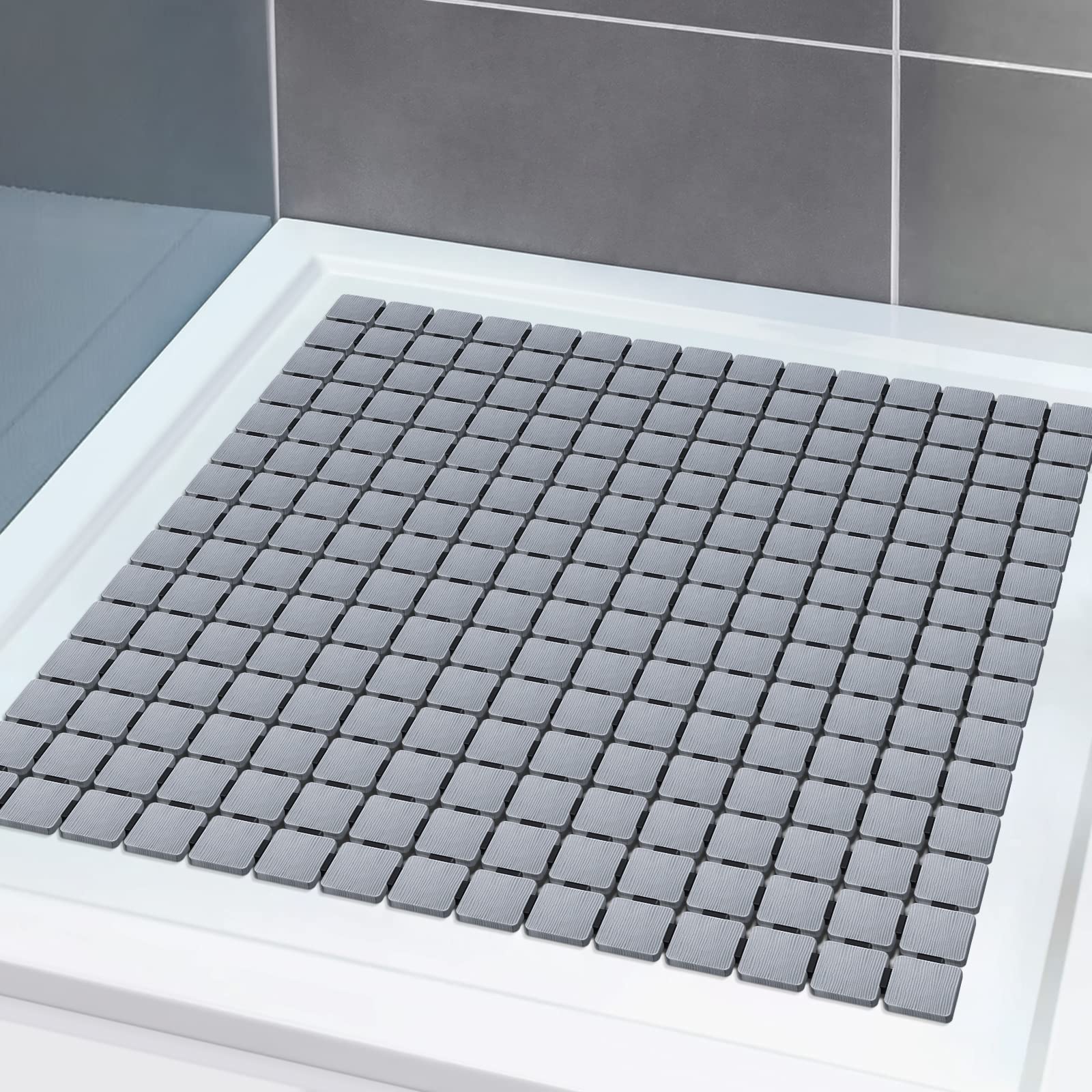 Shower Mat Square Non Slip Bath Mat DIY Cut Safety Bathroom Mat for Bathroom Accessory with Strong Suction Cups on the Bottom 54×54 CM (Grey)