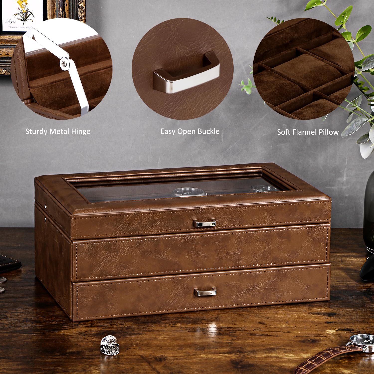 BEWISHOME Watch Box for Men, 12-Slot Watch Case, 2-Layer Watch Case With Drawer, Mens Jewelry Box with Large Glass Lid, Watch Display Case Watch Holder Organizer Watch Storage for Men Women Espresso