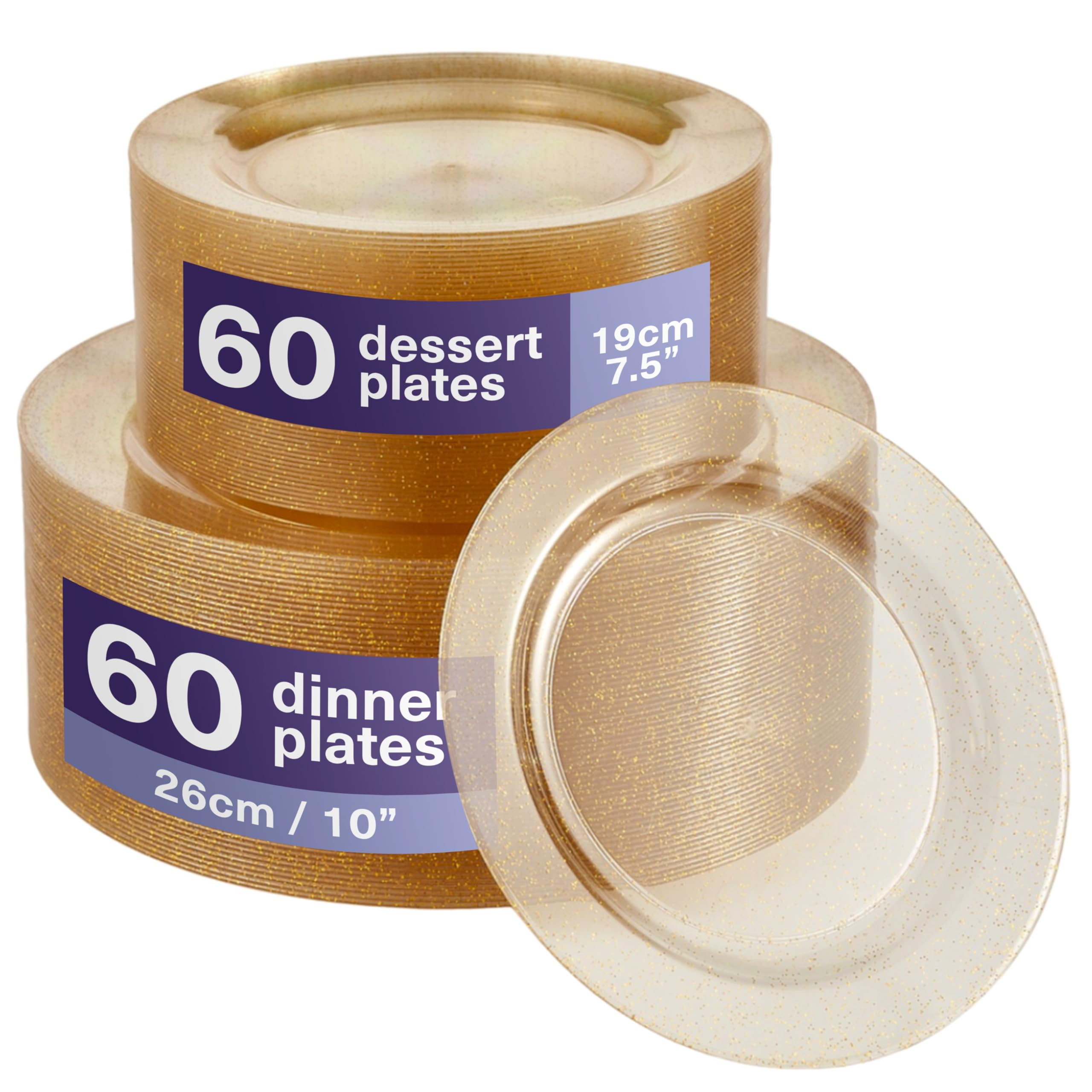 MATANA 120 Premium Clear Hard Plastic Plates with Gold Glitter - 60 x 26cm, 60 x 19cm - Elegant & Reusable Gold Party Plates for Weddings, Birthdays, Christmas, Parties