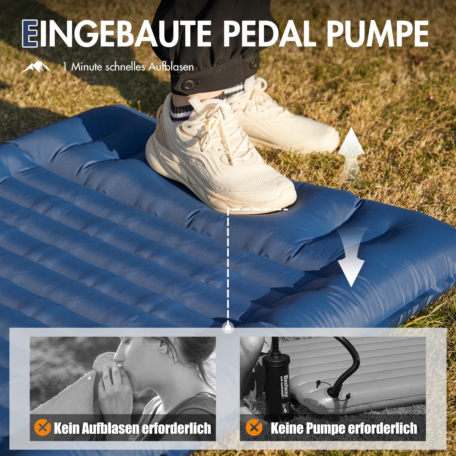 Portal Camping Isomatte 10cm Dicke Luftmatratze Utraleicht mit Fußpresse Pumpe 18cm Dicke Kissen Aufblasbare Matratze Outdoor Faltbare Schlafmatte 200 * 74cm für Camping Wandern Reisen 4