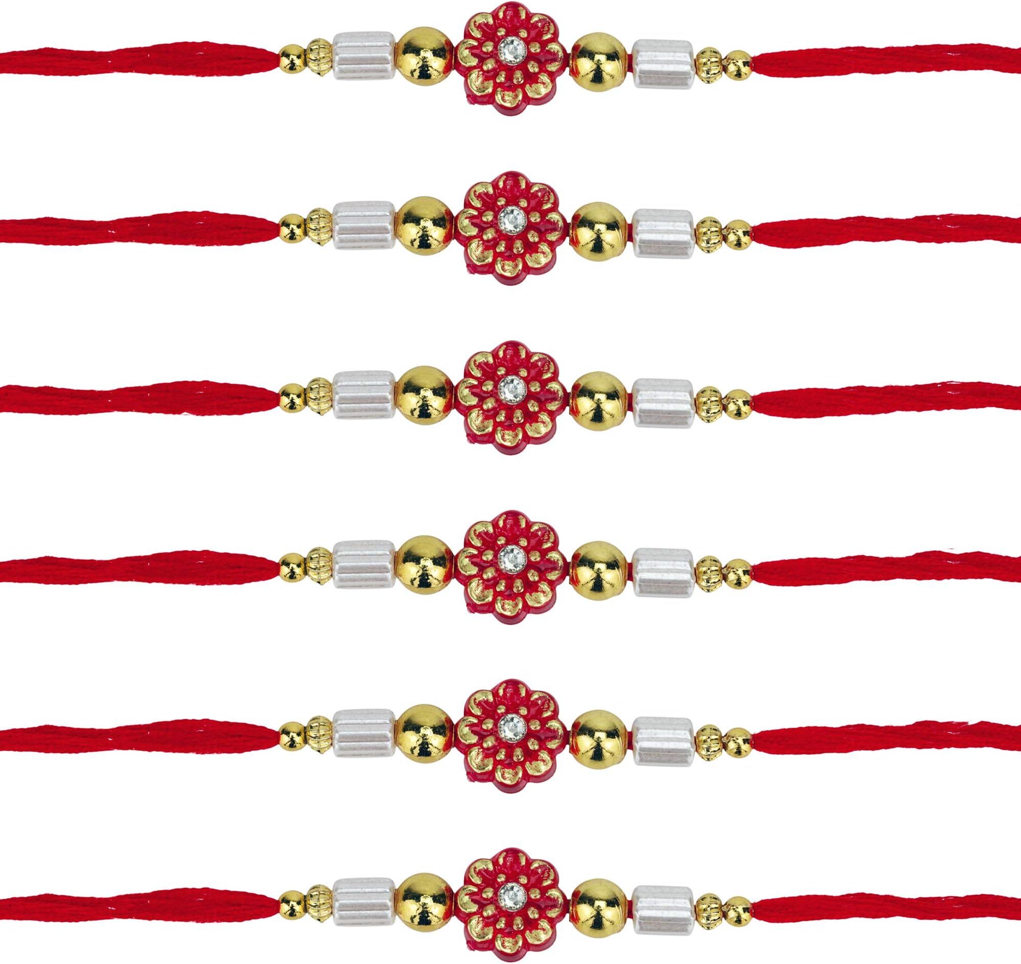 Rakhi Bracelet for Brother and Raksha Bandhan Festival Set of 6 Featuring Flower Centre and Golden Beads with Red Threads