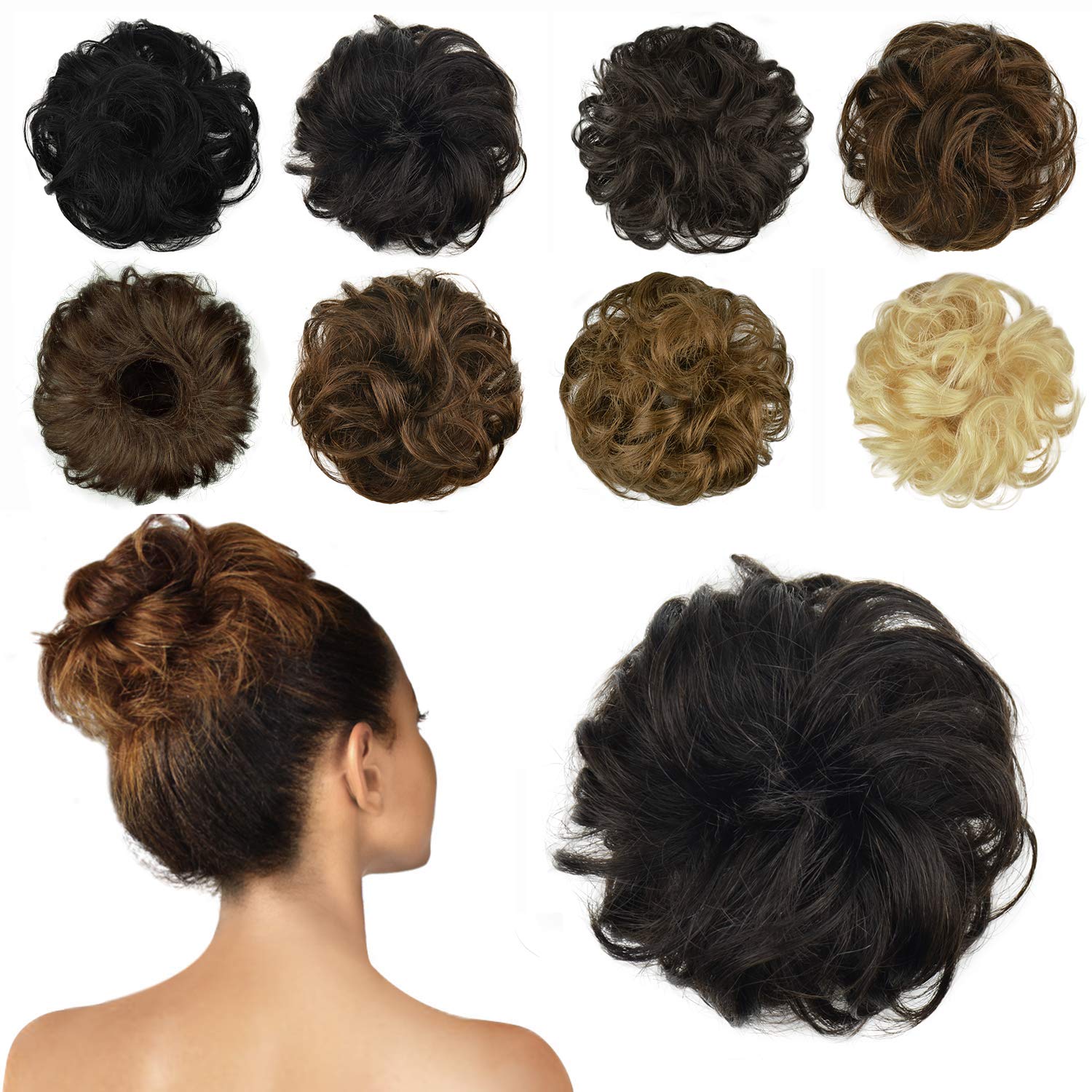 FESHFEN 100% Human Hair Bun Extension, Messy Bun Hair Piece Curly Hair Scrunchies Chignon Ponytail Extensions for Women Girls Updo Donut Hairpiece, Natural Black