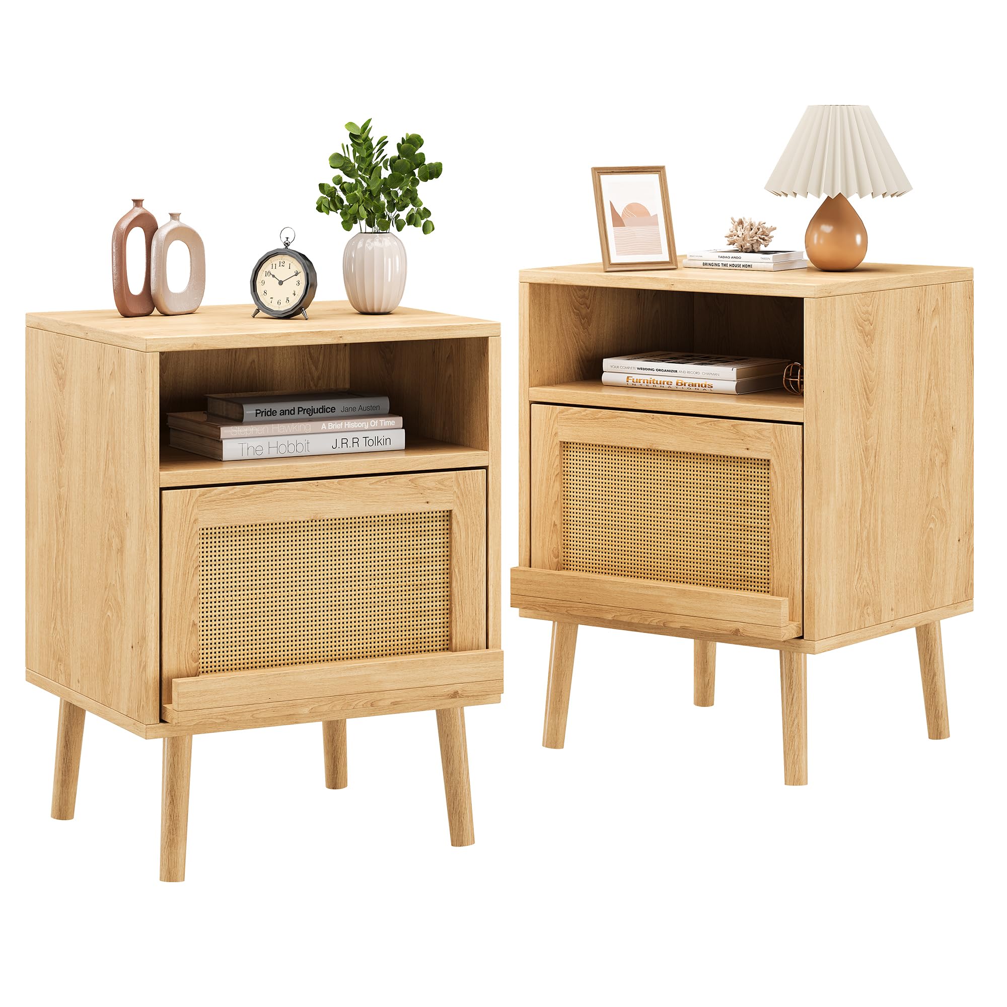 Photo 1 of ***ONLY ONE*** Jocoevol Rattan Nightstand, Boho Bedside Tables with Drawer Open Shelf, End Table with Solid Wood Legs for Living Room, Bedrooms - Caramel, 2 Pieces