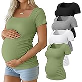 Huukeay 4 Pack Women's Maternity Shirts Cotton Ribbed Short Sleeve Square Neck Pregnancy Tops Side Ruched Summer Tee