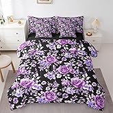 Erosebridal Rose 7 Piece Bedding Set Twin Size Exotic Purple Flower Floral Comforter Set Bedroom Decor Watercolor Botanical Fitted Sheet Vintage Garden Leaf Bed in A Bag Soft Microfiber
