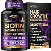 Biotin, Collagen &amp; Keratin + Full B-Complex - Hair Growth Support - 60 Caps | Hair, Skin &amp; Nails Vitamins - Clinically Tested Supplement for Men &amp; Women - 25000mcg Vitamins B1, B2, B3, B6 &amp; B7
