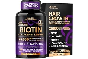 Biotin, Collagen & Keratin + Full B-Complex - Hair Growth Support - 60 Caps | Hair, Skin & Nails Vitamins - Clinically Tested Supplement for Men & Women - 25000mcg Vitamins B1, B2, B3, B6 & B7