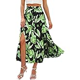 Ezcosplay Women Maxi Hawaiian Floral Slit Skirt High Elastic Waisted Split Thigh Long Skirts with Pockets