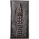 AurexaFashion Genuine Leather Bifold Long Wallet for Men, Retro Vintage Embossed Clutch with Zipped Coin purse & Credit card Slots. RFID Blocking. Crocodile Head- Coffee