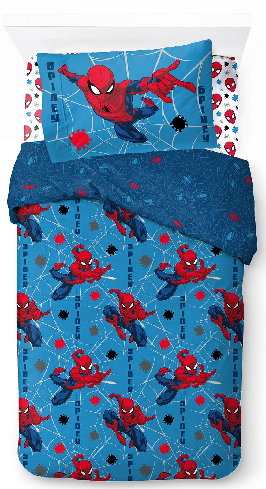Jay Franco Marvel Spiderman Spidey Faces 100% Cotton 3 Piece Single Bedding Set - Includes Duvet Cover, Fitted Sheet & Pillowcase