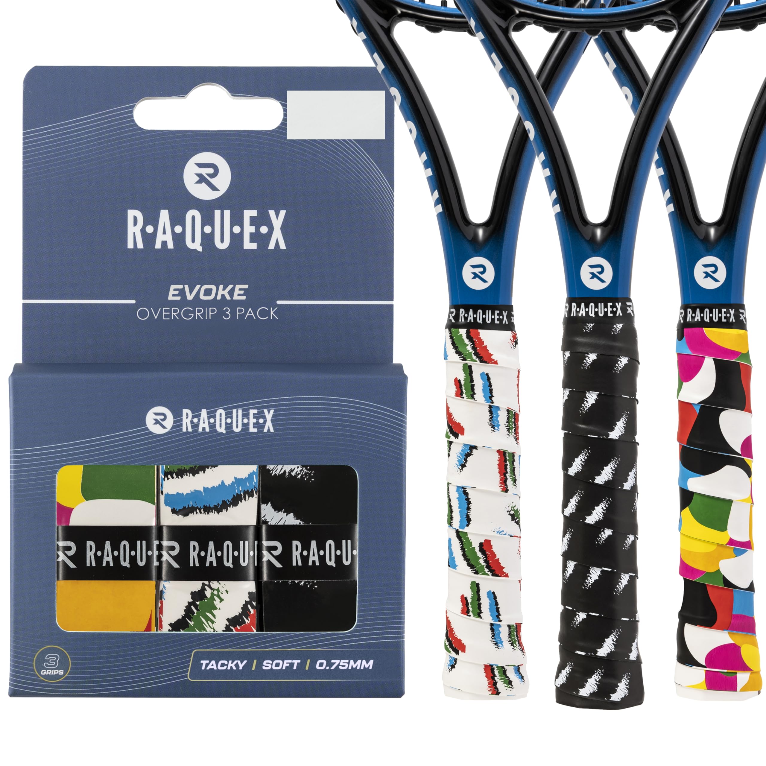 Raquex Evoke Overgrip Tape 3 Pack - Tennis Racket Grip Tapes (11 Designs) - Racquet Anti Slip Tape Overgrip for Tennis Rackets, Badminton, Squash, Padel. Finishing Tape Included
