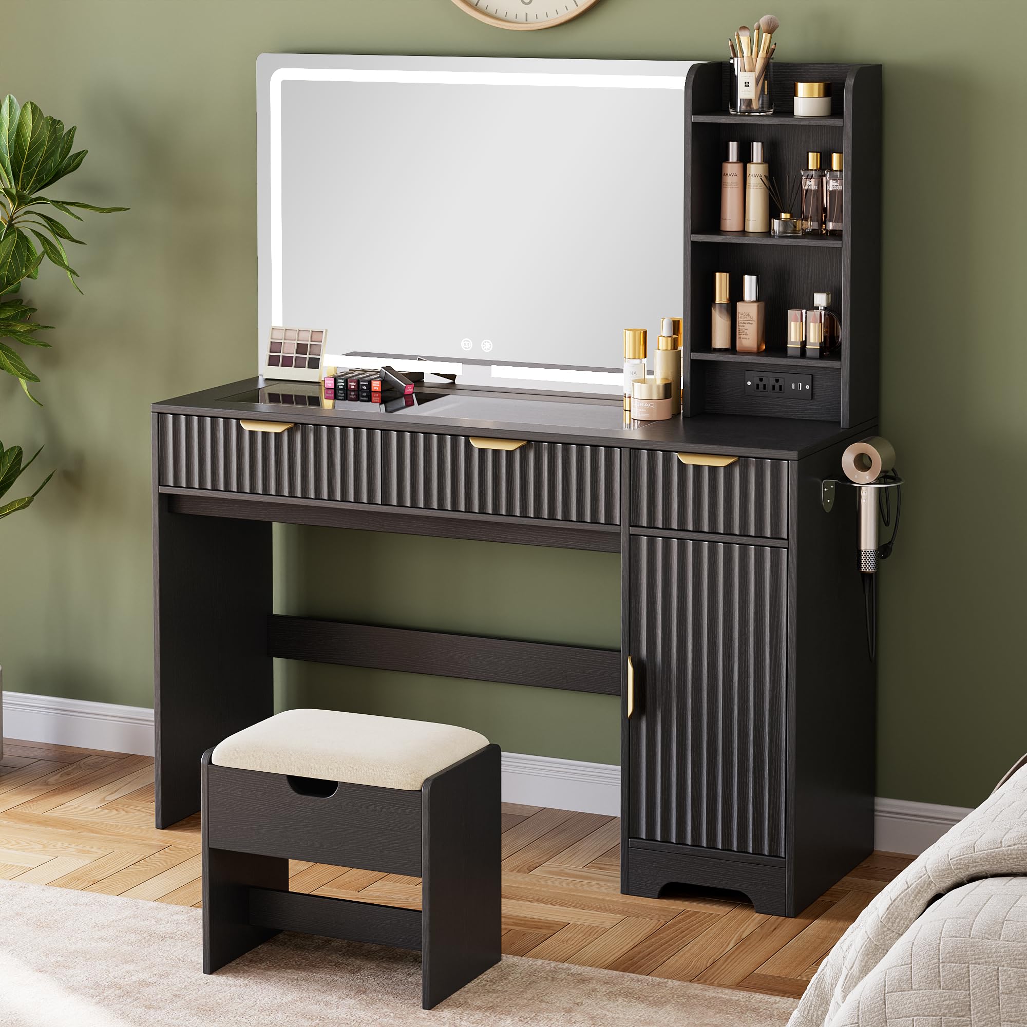 Photo 1 of ***DAMAGE ON BACK PIECE**Seetech Fluted Makeup Vanity with 35.4" Mirror and Lights, Large Makeup Vanity Desk with Stool, 47.2" Dressing Table Set with Charging Station, 3 Drawers, Adjustable Shelves for Bedroom (Black)