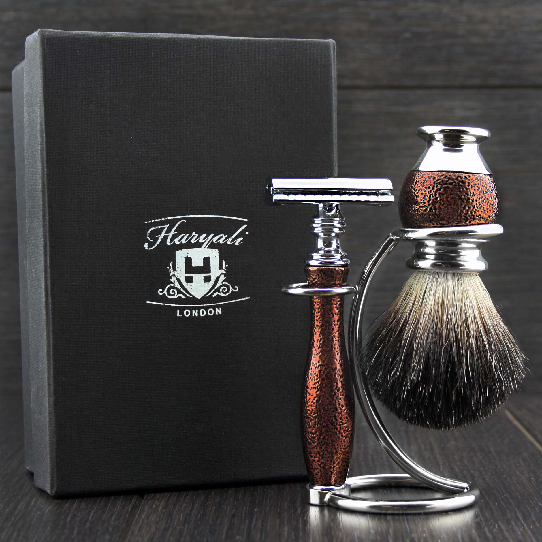 Hand Assembled in Stunning Texture Handles (Safety Razor) & Black Badger Hair Brush with Stand Sophist Collection Elegantly Designed by Haryali London.