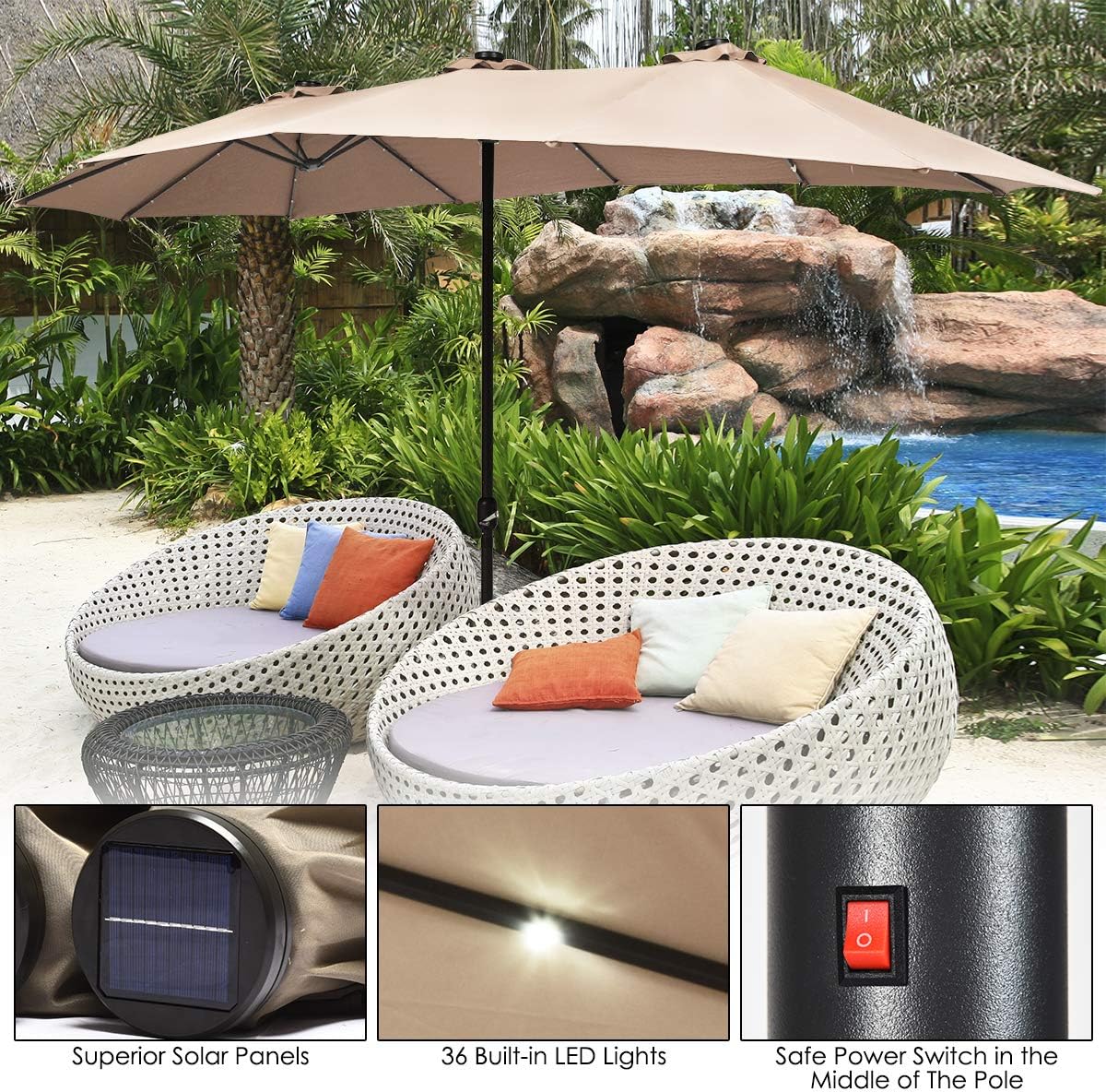 Amazon Com Tangkula 15 Ft Solar Led Patio Double Sided Umbrella Outdoor Extra Large Market Umbrella With 36 Led Lights Solar Powered Led Umbrella With Crank Handle 12 Ribs Solar Outdoor Twin Table