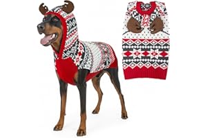 KYEESE Dog Christmas Sweater, Warm Dog Sweater for Medium Dogs Boy Girl, Holiday Knitwear with Reindeer Antler Hood, Thick Cozy Winter Outfit with Leash Hole, XX-Large