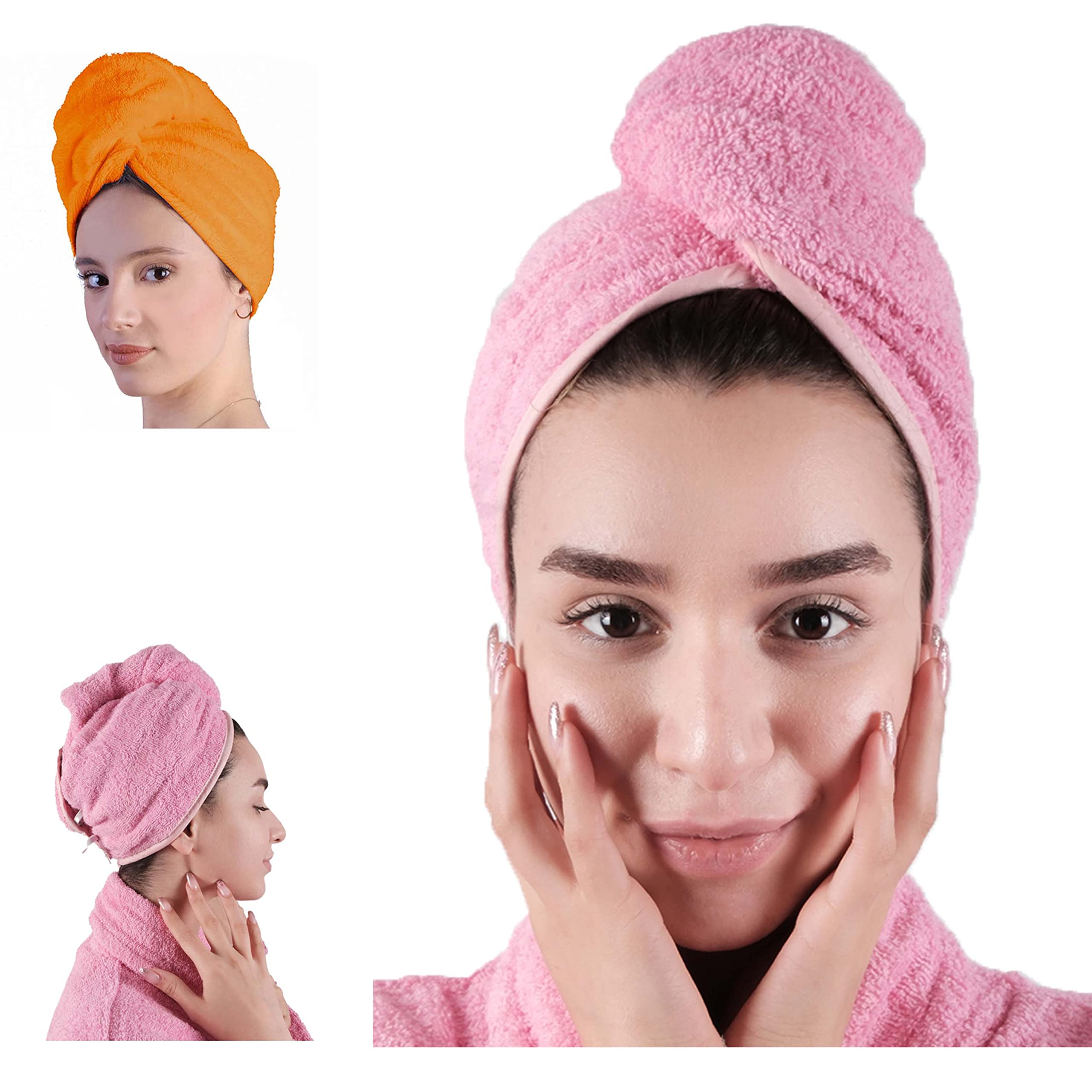 LLAMAXY Hair Towel - 100% Pure Organic Cotton Hair Drying Towel - Adult & Child Hair Wraps & Turbans - Quick Twist Rapid Dry Cap - 2 pack: Orange + Pink