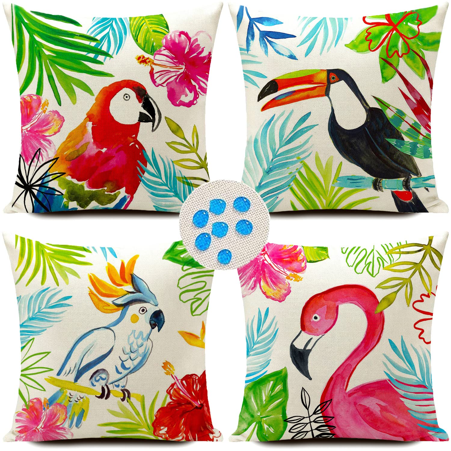 HUASHUZI Outdoor Cushion Covers Tropical Flamingo Toucan Parrot Throw Pillow Case Set of 4 18x18 inch Bench Couch Decor Home Decorative for Sofa