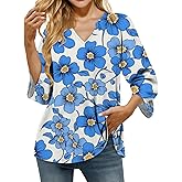 domirica Flowy Shirts for Women 3/4 Sleeve Comfy Fit V Neck Vintage Tops for Women Lightweight Casual Summer Tops Trendy
