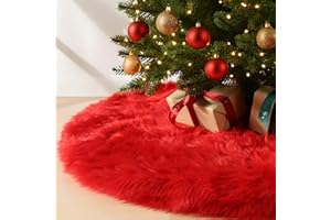 MACTING Faux Fur Christmas Tree Skirt 28 Inch Red Plush Skirt Fluffy Soft Double Layer Small Tree Mat Base Cover for Merry Christmas Party Holiday Home Indoor Halloween Xmas Tree Decorations