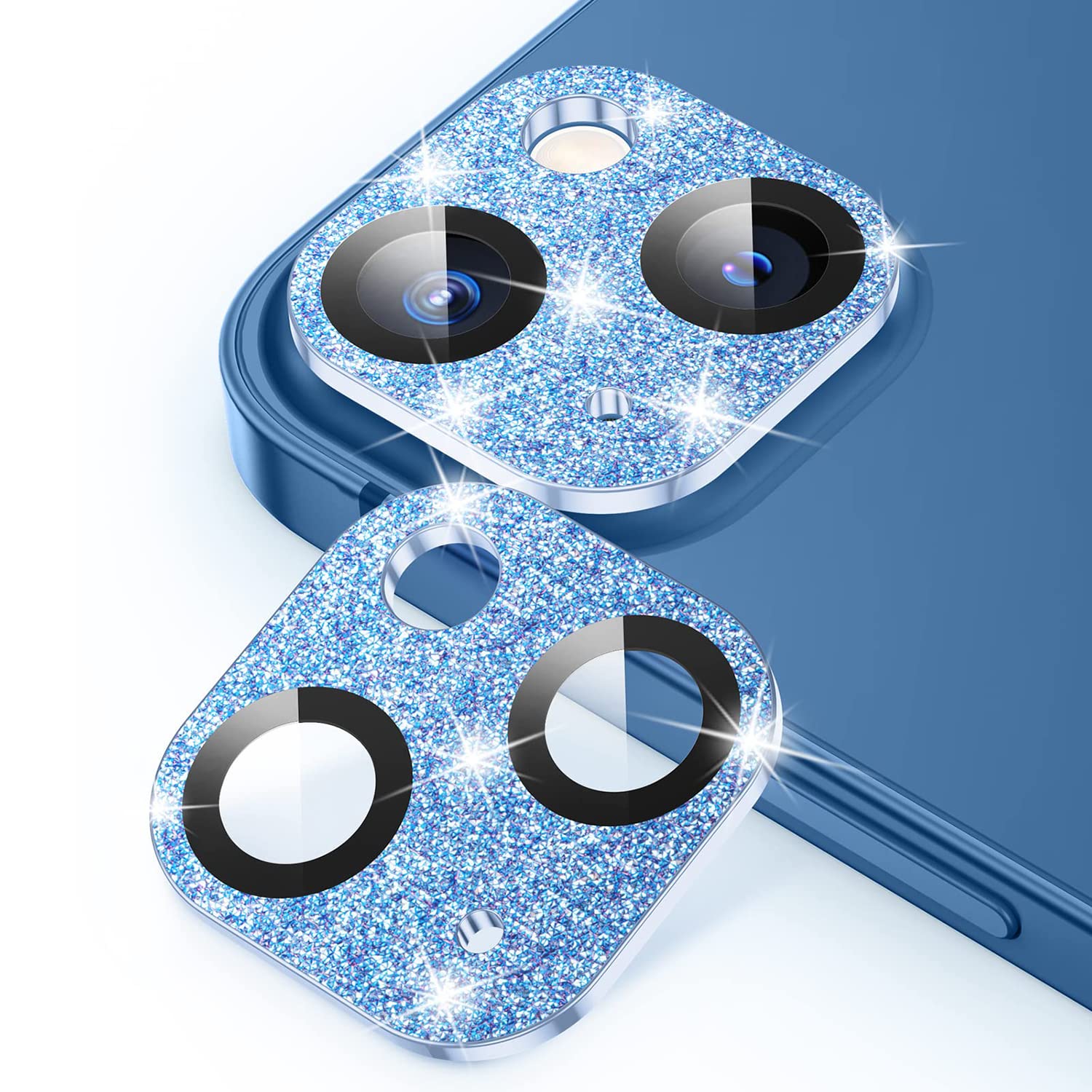 For iPhone 13 / iPhone 13 mini Camera Lens Protector, HD Camera Protector, Scratch-Resistant Ultra-Thin Tempered Glass+Crystal Glitter Diamonds HD Camera Lens Screen Cover Case-Blue