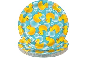 HOME & HOOPLA Rubber Duck Party Supplies - Ducky Bubble Bath Round Paper Dessert Plates for 16 Guests