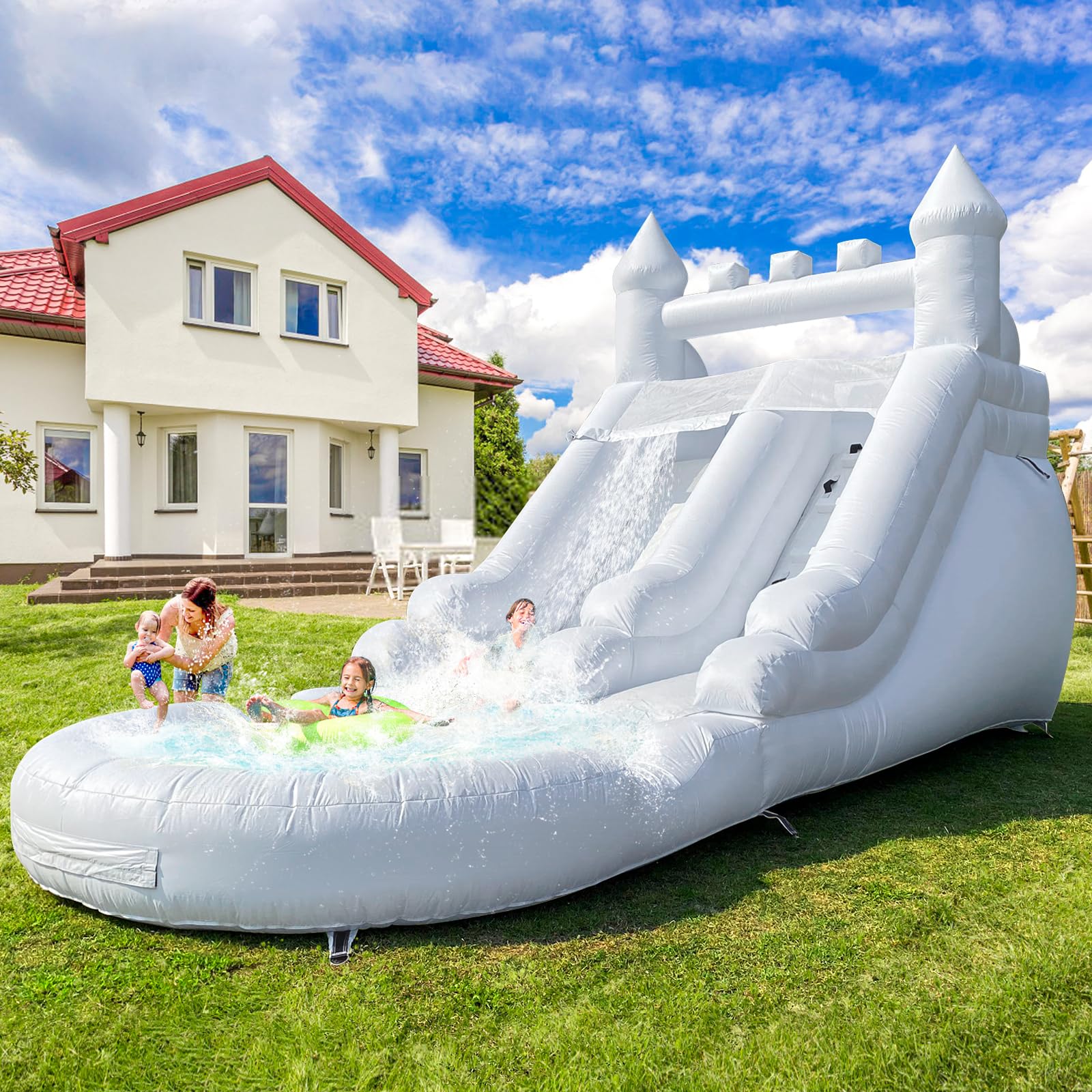 Commercial Grade Water Slide 21'x9'x12' Inflatable with Pool for Kids and Adults (with Blower Include), Wet Dry Use, Summer Splash Fun (White Water Slide, Commercial PVC)