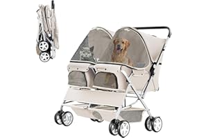 LPOTIUS Double Pet Stroller, Foldable Stroller for 2 Dogs & Cats, Two-Seater Carrier Twin Dog Walk Jogger Travel Pet Carriage Cart with Storage, Gray