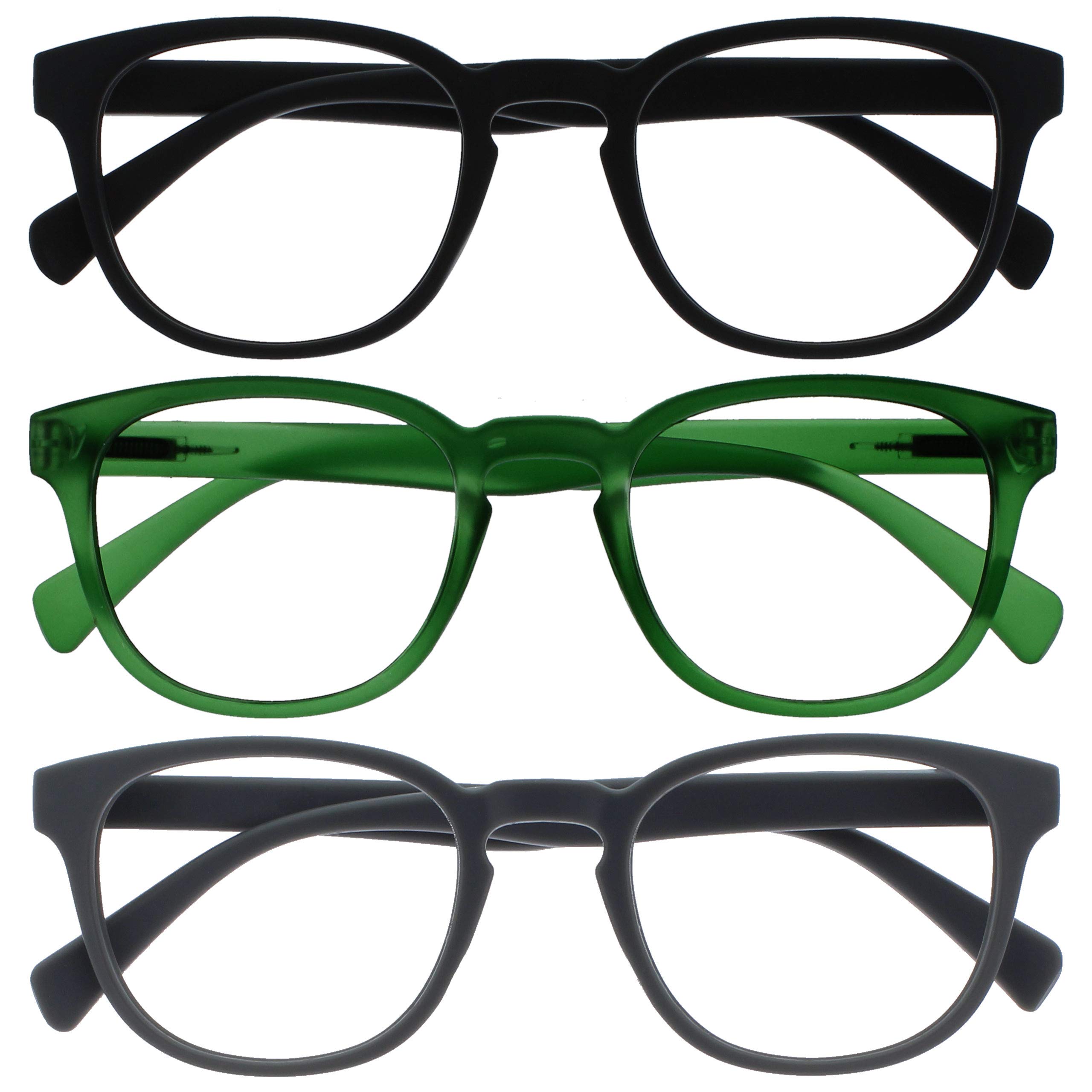 OPULIZE POP Reading Glasses for Women Men,Scratch Resistant Round Matt Frame with Spring Hinges, Black, Green, Grey +1.50 (Pack of 3)