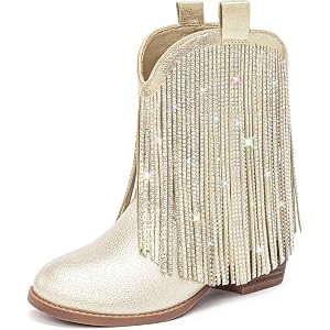 Dufannie Girls Cowboy Boots Toddler Cowgirl Boots for Little Big Kids | Rhinestones Fringe, 1.38 Inch Low Heel, Sparkly Tasse