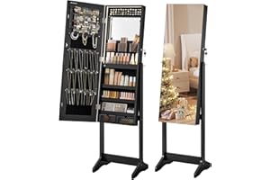 SONGMICS Mirror Jewelry Cabinet Standing Armoire Organizer, Jewelry Storage with Full-Length Frameless LED Lights, Built-in Makeup Mirror, 2 Drawers, Lockable, Christmas Gifts, Black UJJC023B01