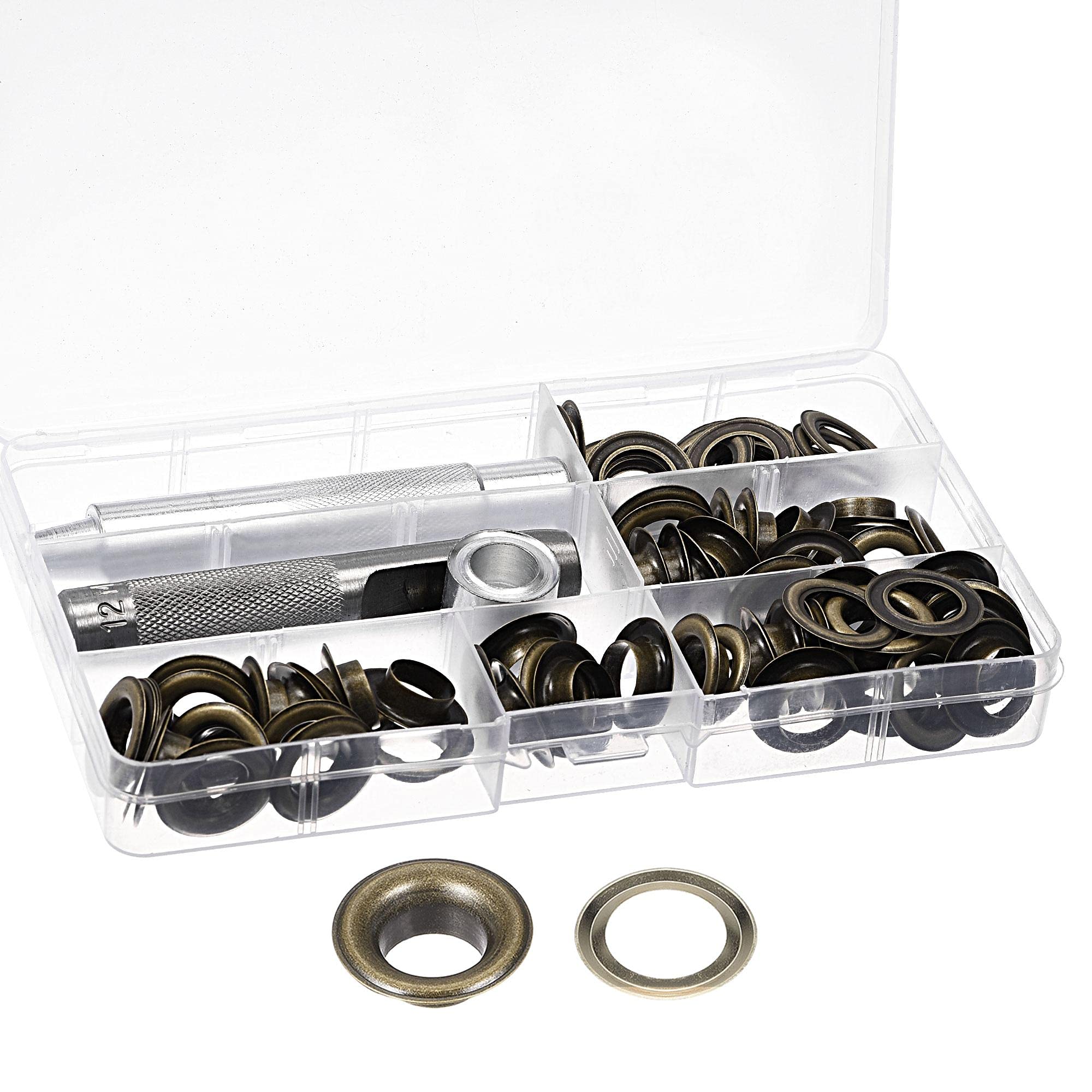 sourcing map Grommet Tool Kit 50 Sets 1/2" Copper Grommets Eyelets with 3pcs Install Tools, 12mm Inside Dia. Bronze Tone