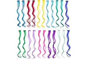 SWACC 22 Pcs Colored Party Highlights Clip on in Hair Extensions Multi-Colors Hair Streak Synthetic Hairpieces (11 Colors 22 Pcs in Set -Curly Wavy)