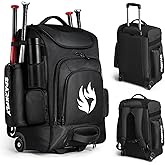 SPARKFLY Rolling Baseball Bag, Wheeled with Hidden Backpack Straps, 4 Bat Sleeves, 2 Drink Pockets, Shoe Compartment Durable Equipment Softball bag