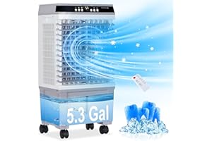 Uthfy Evaporative Air Cooler, Swamp Cooler with 5.3 Gallon Water Tank, 4 Ice Box, Remote, 12H Timer, 110°Oscillation, Portable Air Cooler Cooling Fan with 3 Speeds for Bedroom Home Office