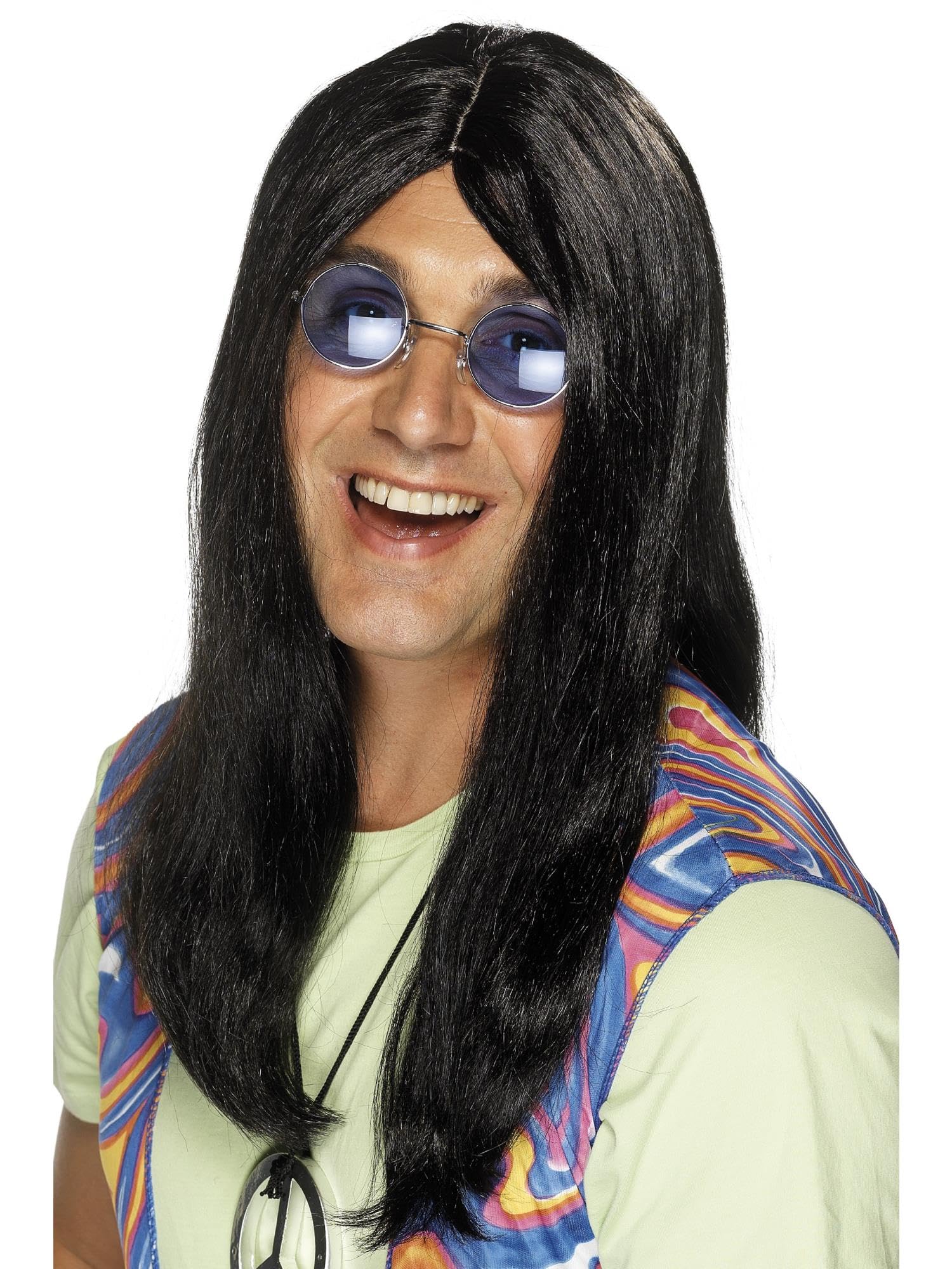 Smiffys Neil Hippy Wig, Black with Side Parting, 1960's Groovy Fancy Dress, Adult Dress Up Wigs