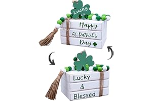 LIVDUCOT St.Patrick's Day Decor Set Wood Decorative Book Stack Wooden Beads Tassel, Mini Fake Stacked Books Shamrock Beaded Garland Lucky Blessed Sign for St Patricks Day Decorations Tiered Tray Decor