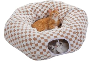 PAWZ Road Cat Tunnel, Cat Tunnel Bed with Central Soft Mat and Dangling Balls, Collapsible Fluffy Plush - Brown with Print, C