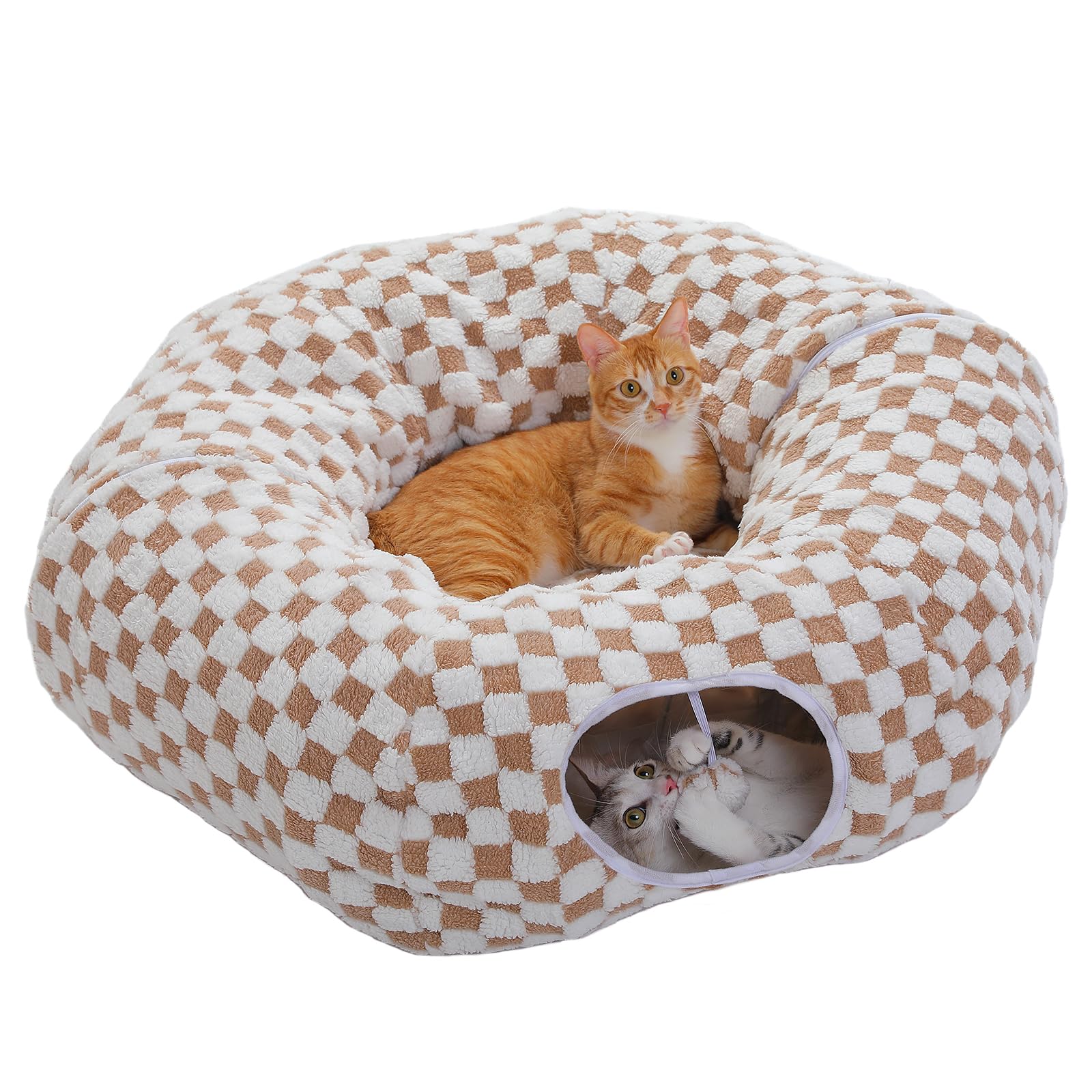 PAWZ Road Plush Cat Tunnel for Indoor Cats, 2 in 1 Donut Circle Shape Cat Tunnel & Cat Bed Diameter 85 cm Brown