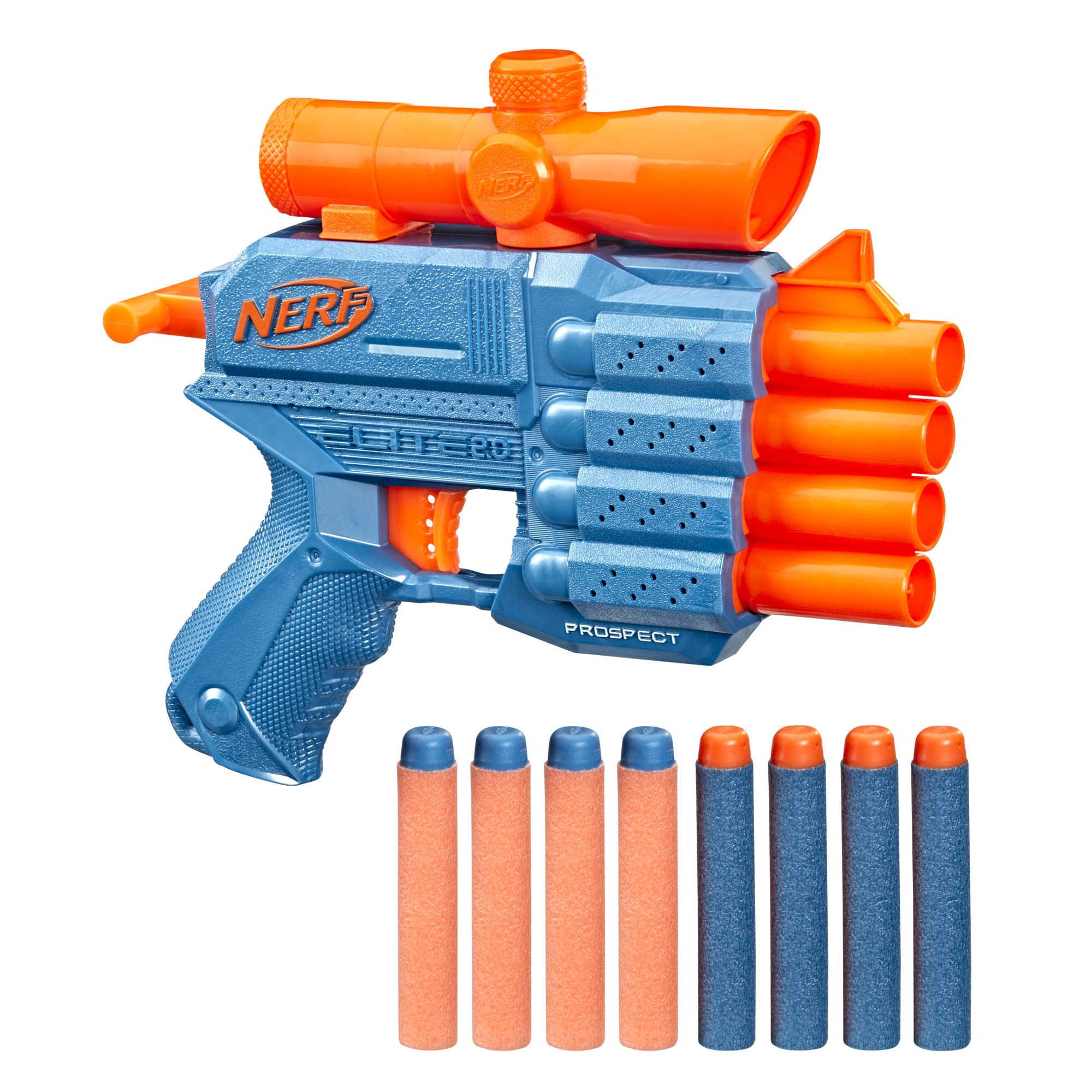 Nerf Elite 2.0 Prospect QS-4 Blaster Toy for 8+ Year Old Kids, 4-Dart Blasting Multicolour Launcher with 8 Official Foam Darts