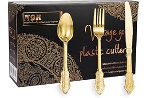 N9R 300pcs Gold Plastic Silverware Dinnerware Flatware- Heavyweight Plastic Cutlery Set, 100 Forks, 100 Spoons, 100 Knives, Gold Utensils for Party, Thanksgiving, Christmas