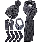 Geyoga 6 Pcs Winter Knit Set with Knit Beanie Hat Long Scarf Touchscreen Gloves Foldable Earmuff Fleece Socks for Women