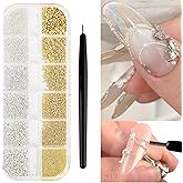 FSpronail Nail Beads with Nail Magnet Picker Tool 12 Grid 3D Caviar Beads Metal Nail Charms Gems Mixed Sizes Gold Silver Steel Balls Nail Art Design Decoration Manicure DIY Supplies