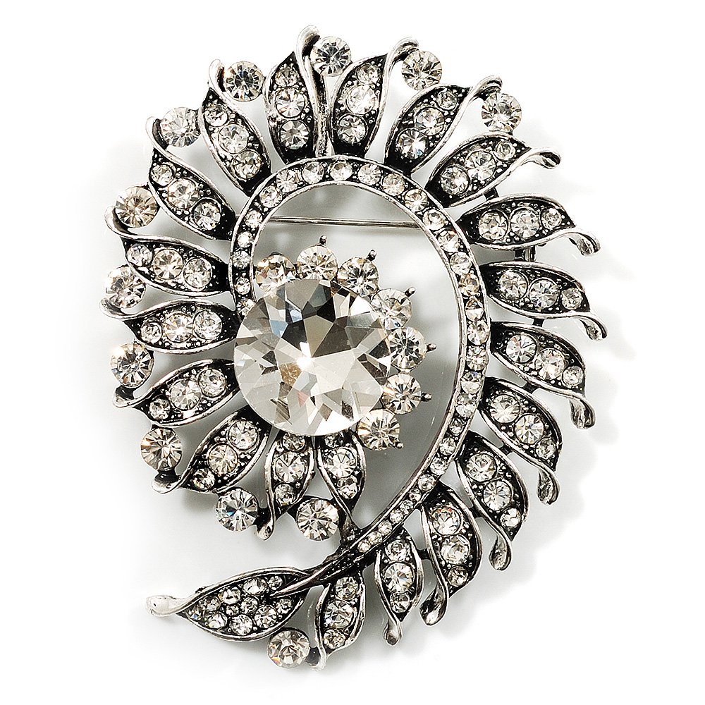 Oversized Clear Crystal Twirl Brooch/Pendant (Antique Silver Metal Finish)